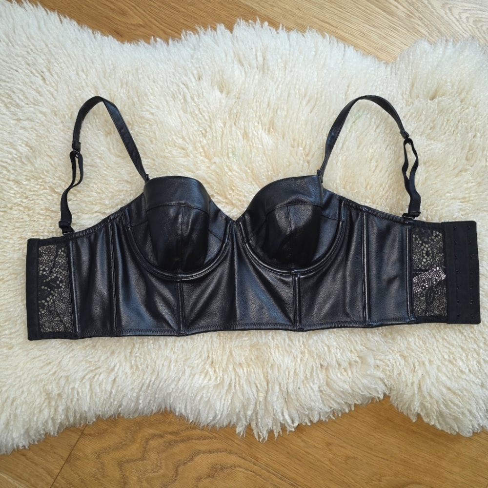 Victoria's Secret Black Leather Lace Trim Bra Corset Top Size 32D